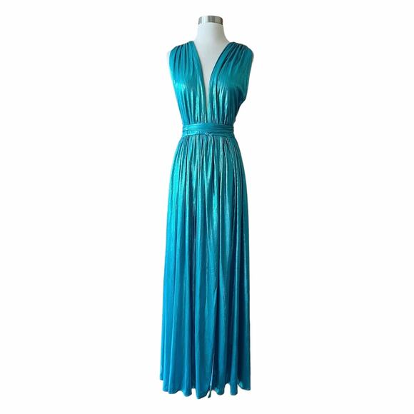 BRONX AND BANCO Romi Metallic Gown Plunge Neckline Dress Teal Turquoise Large 8 - Picture 11 of 13